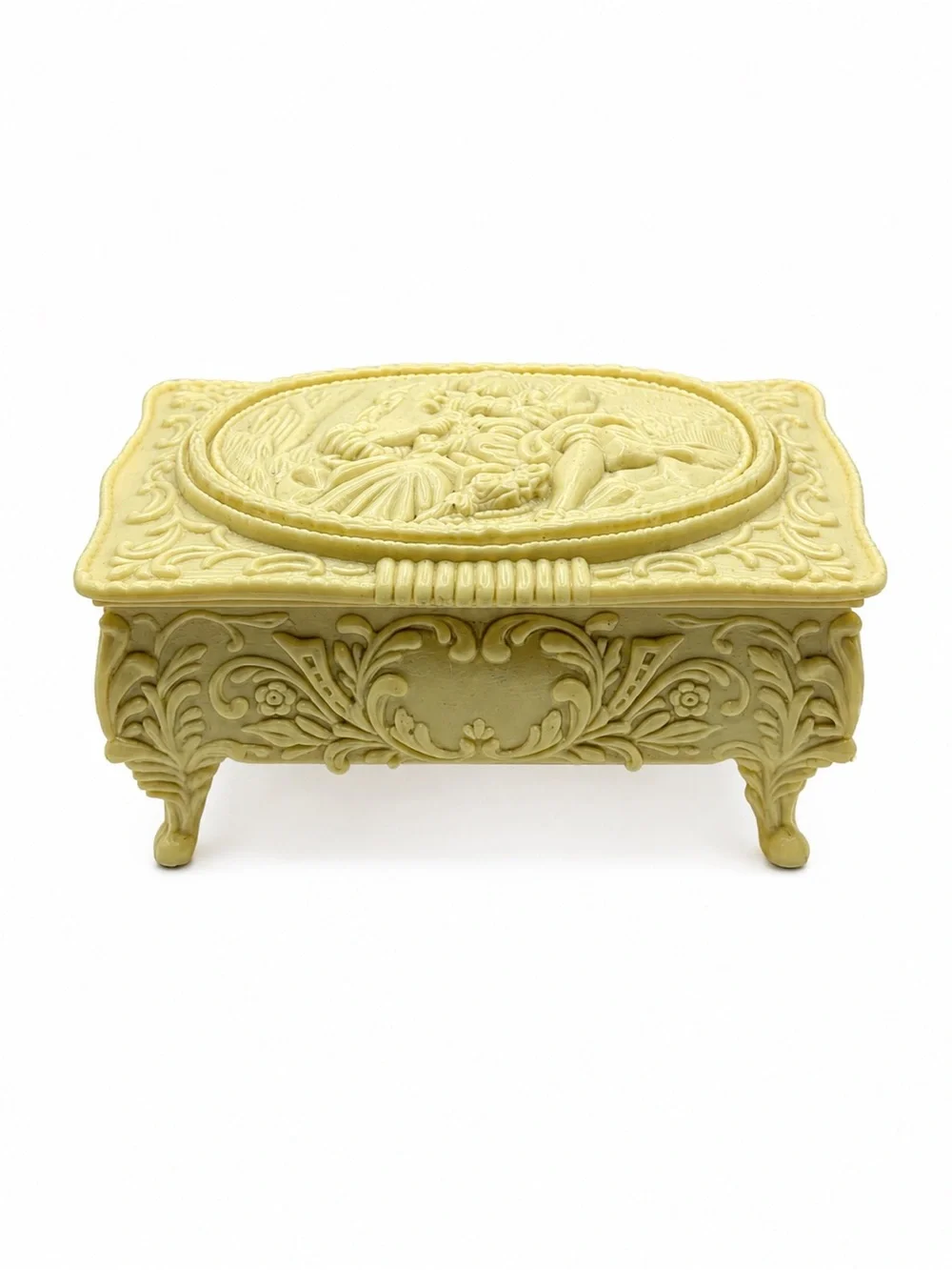 Vintage 1940s Molded Ornate Victorian Celluloid Footed Jewelry Trinket Box 5